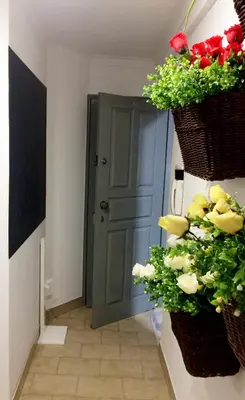a hallway with a blue door and baskets of flowers at Koka's Studio in Porto