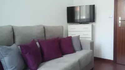 a couch with purple pillows in a living room at Alojamento Requinte in Porto
