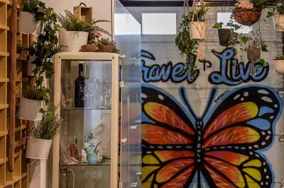 a glass door with a butterfly painted on it at Travel & Live Hostel in Porto