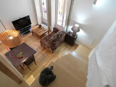 an overhead view of a living room with a dog laying on the floor at FLH Porto Stylish Apartment in Porto