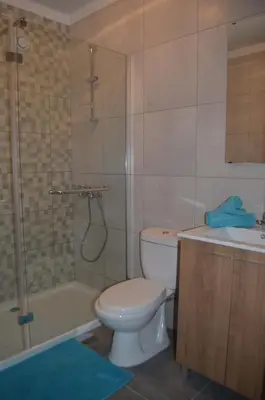 a bathroom with a toilet and a shower and a sink at Modern and Cozy Apartment in Vila Nova de Gaia