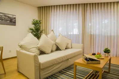 a living room with a couch with pillows on it at Spot Apartments Trindade in Porto