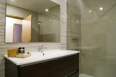 a bathroom with a sink and a shower at Spot Apartments Trindade in Porto