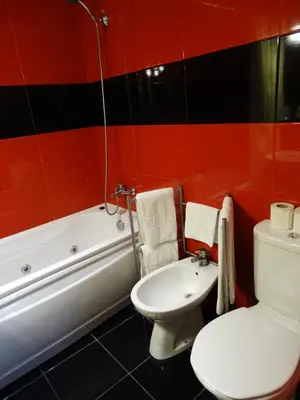 a bathroom with a toilet and a tub and a sink at Hotel Porto Rico in Porto