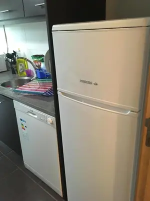 a refrigerator in a kitchen next to a sink at Porta do Sol in Porto