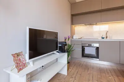 a living room with a large flat screen tv at Sendme2Portugal: Santa Catarina in Porto