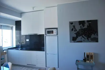 a kitchen with a white refrigerator and a microwave at Bessa Apartment in Porto