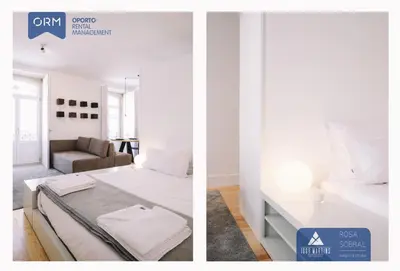 two images of a bedroom with a bed and a couch at ORM - Almada Apartments in Porto