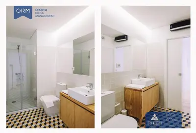 two pictures of a bathroom with a sink and a toilet at ORM - Almada Apartments in Porto