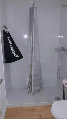 a shower with a shower curtain in a bathroom at Oporto Cosy Apartment at Alegria in Porto