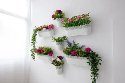 a bunch of potted plants in white pots on a wall at OportoHouse in Porto