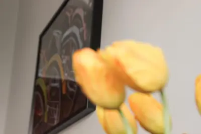 a group of yellow flowers in front of a picture at AC House in Porto