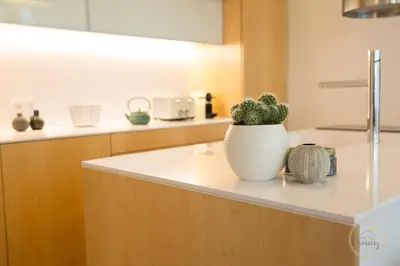 a white vase with a plant on a counter in a kitchen at Hello Porto Ceuta Residences in Porto
