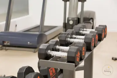 a row of dumbbells on a rack in a gym at Oporto Ceuta Residences - Residence 8 by We Do Living in Porto