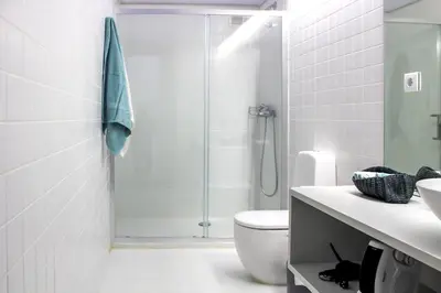 a bathroom with a shower with a toilet and a sink at Bonjardim Flats - T2 com Varanda in Porto