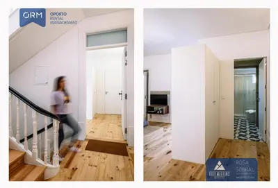 two images of a woman walking down the stairs in a house at ORM - 3 C´s Apartments in Porto