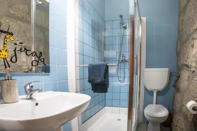 a bathroom with a sink and a toilet and a shower at Red House- Historic center in Porto