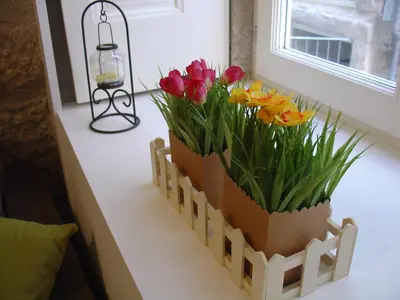 a window sill with two flowers in a flower box at Downtown Historical Apartment in Porto
