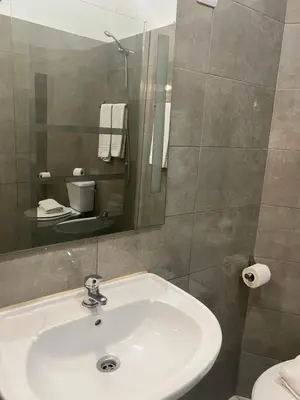 a bathroom with a shower and a toilet and a sink at GuestHouse Marquês in Porto