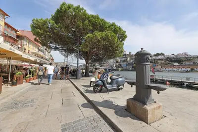 a scooter parked on a sidewalk near the water at FLH Porto Balcony Apartment in Porto