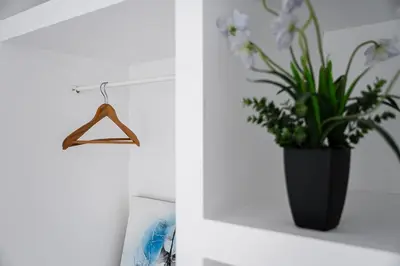 a plant in a black vase on a shelf next to a wall at GuestReady - Beautiful Plateau in Porto