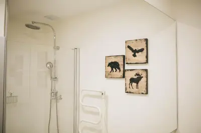 a bathroom with a shower and three pictures on the wall at Cozy 1-Bedroom with Private Terrace in Palmela in Porto