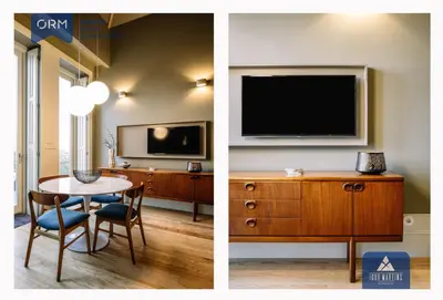 two pictures of a living room with a tv and a table at ORM - Almada Terrace Apartment in Porto