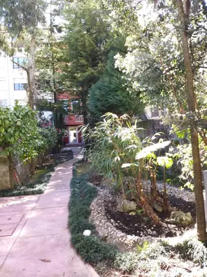 a garden with plants and a sidewalk in a city at GR Suites in Porto