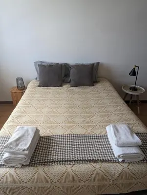 a large bed with towels on it in a room at Pine Tree Apartment in Porto