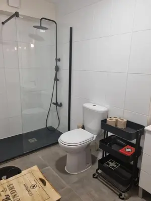 a bathroom with a toilet and a glass shower at Pine Tree Apartment in Porto