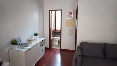 a living room with a couch and a bathroom at Sao Bento Studio in Porto