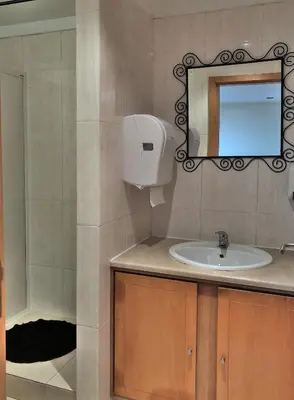 a bathroom with a sink and a mirror and a shower at The Poets Inn in Porto