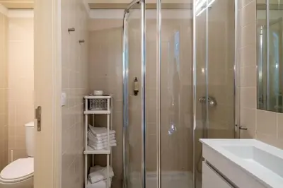 a bathroom with a shower and a toilet and a sink at Republica Apartments at D. Luis I Bridge in Vila Nova de Gaia