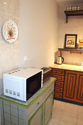 a microwave sitting on top of a counter in a kitchen at Porto Patricio Apartments in Porto