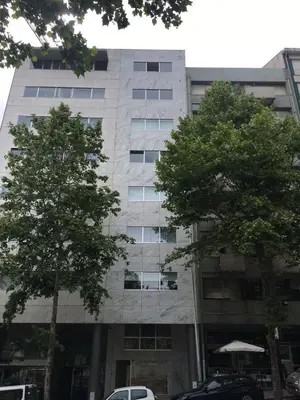 a tall building with two trees in front of it at Trindade Apartments in Porto
