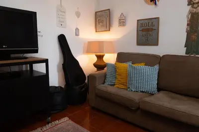 a living room with a brown couch and a television at Oporto Sky Hostel in Porto