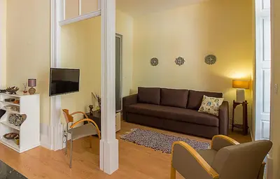 a living room with a couch and a tv at São Domingos Flowers Apartments in Porto
