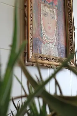a painting of a woman in a frame next to a plant at Historical Porto/Gaia Apartment in Porto