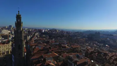 an aerial view of a city with a clock tower at Janika's Patio in Porto