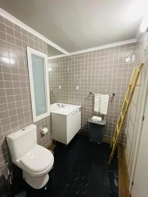 a bathroom with a white toilet and a sink at Duque de Loulé in Porto