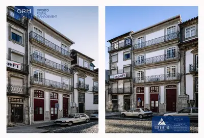 two pictures of a building with a car parked in front at ORM - Virtudes Apartment in Porto