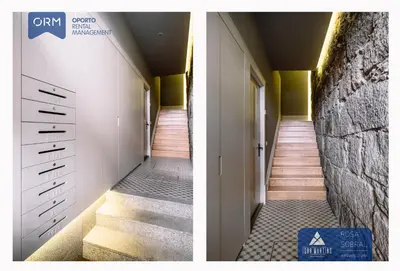 two pictures of a hallway with stairs and a wall at ORM - Camões Apartment in Porto