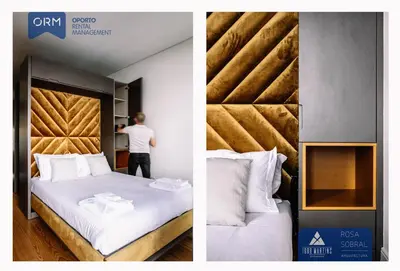 two pictures of a hotel room with a bed and a man in the background at ORM - Camões Apartment in Porto