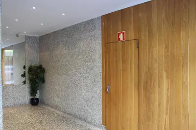 a wooden door in a room with a potted plant at Galizia Flat in Porto