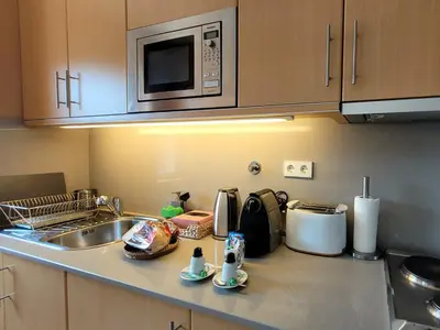 a kitchen counter with a sink and a microwave at Portus Vita Apartamento T0 Duplex in Vila Nova de Gaia