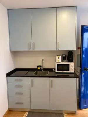 a kitchen with white cabinets and a sink and a microwave at J3M Houses in Porto