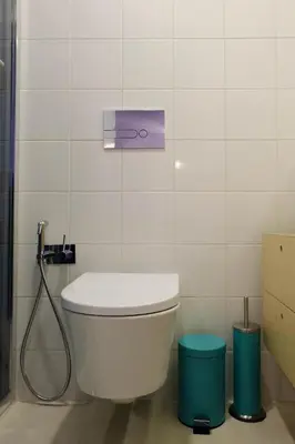 a bathroom with a toilet with a purple object on the wall at Vintage Porto in Porto