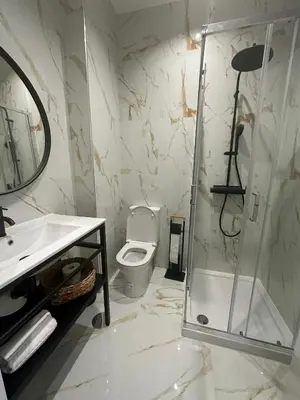 a bathroom with a shower and a toilet and a sink at Apartamentos sobre o Douro in Porto