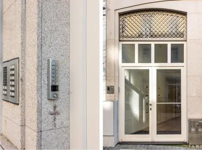 two pictures of a door on a building at Little Capeli in Porto