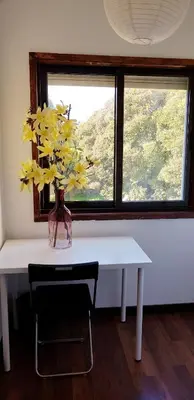 a vase with yellow flowers on a table with a window at City Heart Rooms in Porto